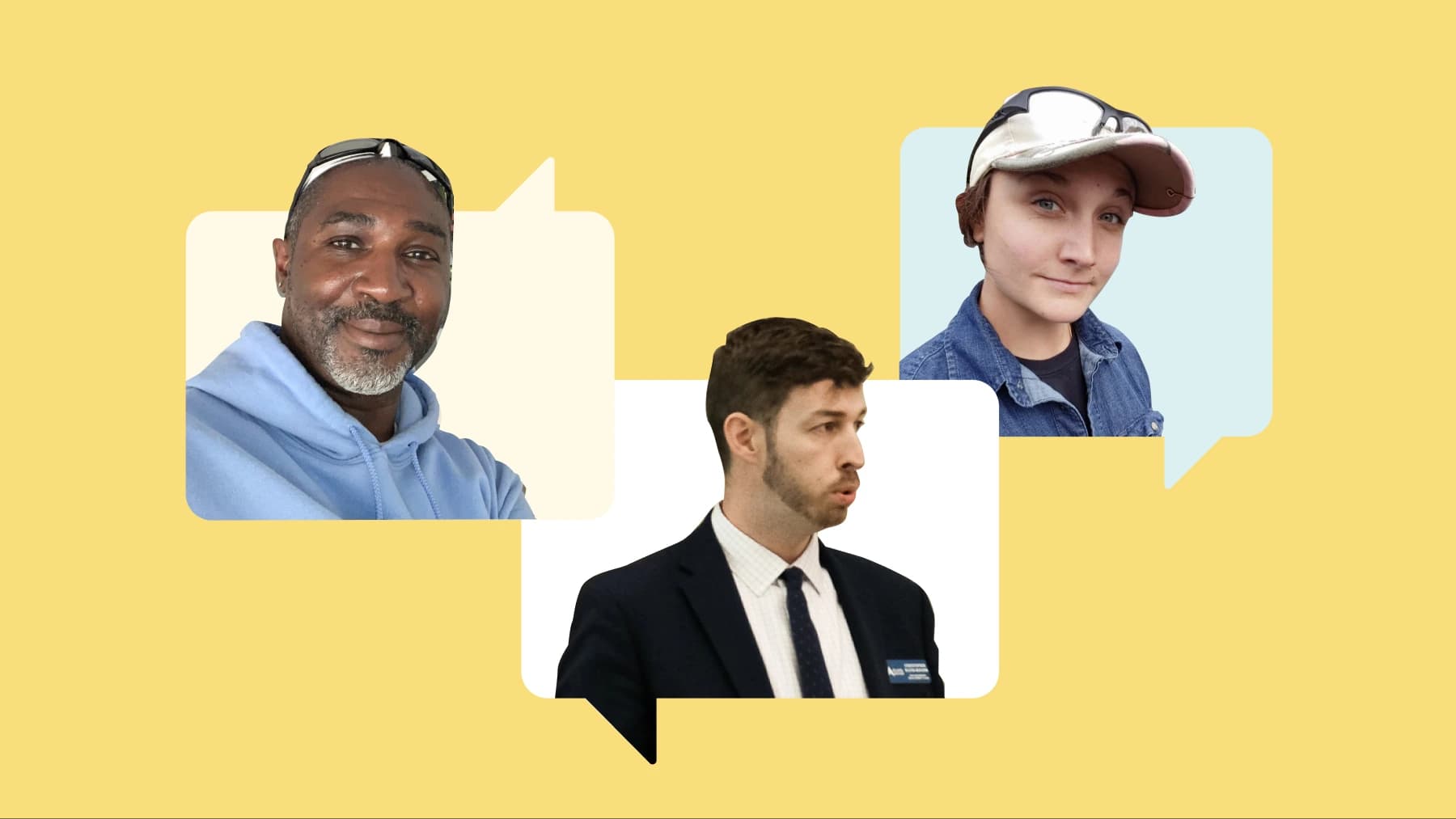 Three photos of cropped people in speech bubbles on a yellow background. On the left is Monquale Owsley, in the middle is Chrstopher Matos-Rogers, and on the right is Alison Dempsey.