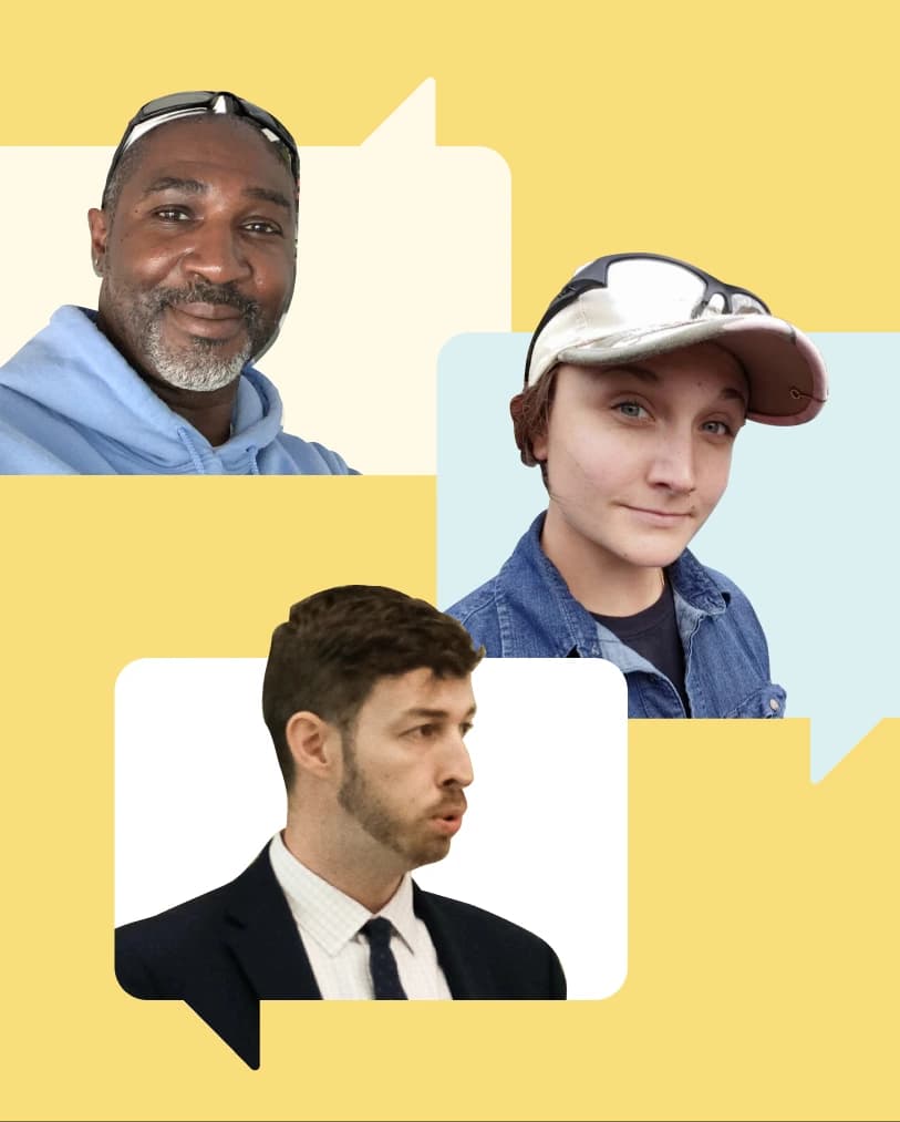 Three photos of cropped people in stacked speech bubbles on a yellow background. On the top is Monquale Owsley, in the middle is Alison Dempsey, and on the bottom is Christopher Matos-Rogers